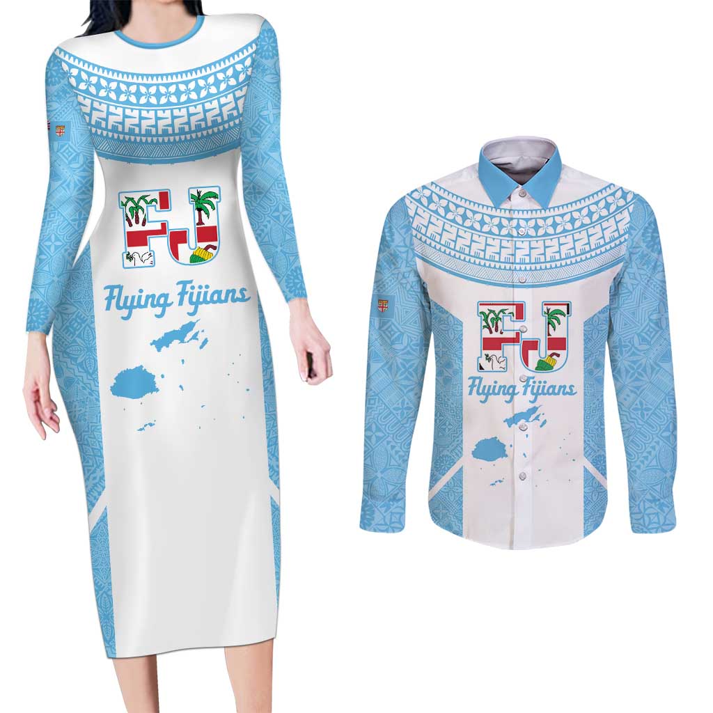 Custom Fiji Tapa Rugby Couples Matching Long Sleeve Bodycon Dress and Long Sleeve Button Shirt Flying Fijian Blue And White Version