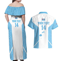 Custom Fiji Tapa Rugby Couples Matching Off Shoulder Maxi Dress and Hawaiian Shirt Flying Fijian Blue And White Version LT14 - Polynesian Pride