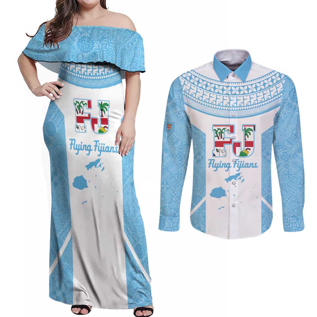 Custom Fiji Tapa Rugby Couples Matching Off Shoulder Maxi Dress and Long Sleeve Button Shirt Flying Fijian Blue And White Version LT14 Blue - Polynesian Pride