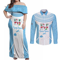 Custom Fiji Tapa Rugby Couples Matching Off Shoulder Maxi Dress and Long Sleeve Button Shirt Flying Fijian Blue And White Version LT14 Blue - Polynesian Pride