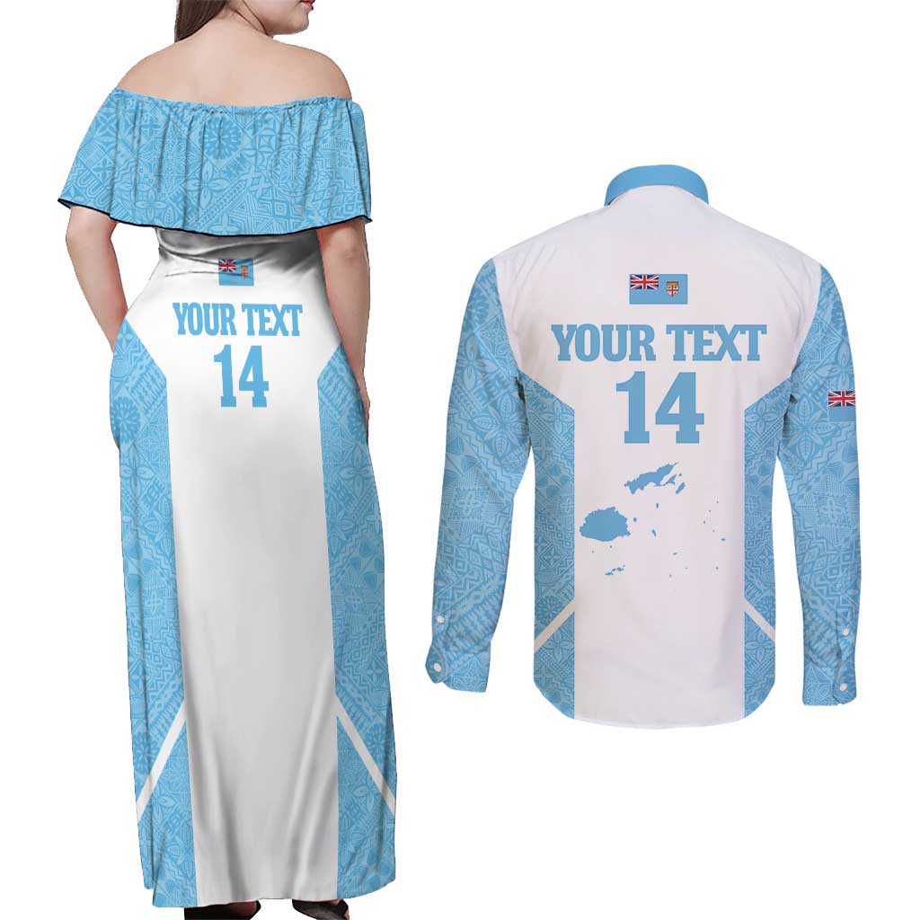 Custom Fiji Tapa Rugby Couples Matching Off Shoulder Maxi Dress and Long Sleeve Button Shirt Flying Fijian Blue And White Version LT14 - Polynesian Pride