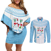 Custom Fiji Tapa Rugby Couples Matching Off Shoulder Short Dress and Long Sleeve Button Shirt Flying Fijian Blue And White Version LT14 Blue - Polynesian Pride