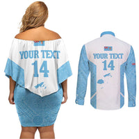 Custom Fiji Tapa Rugby Couples Matching Off Shoulder Short Dress and Long Sleeve Button Shirt Flying Fijian Blue And White Version LT14 - Polynesian Pride