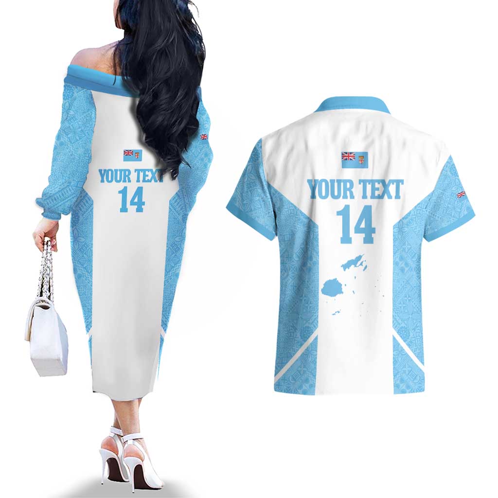 Custom Fiji Tapa Rugby Couples Matching Off The Shoulder Long Sleeve Dress and Hawaiian Shirt Flying Fijian Blue And White Version
