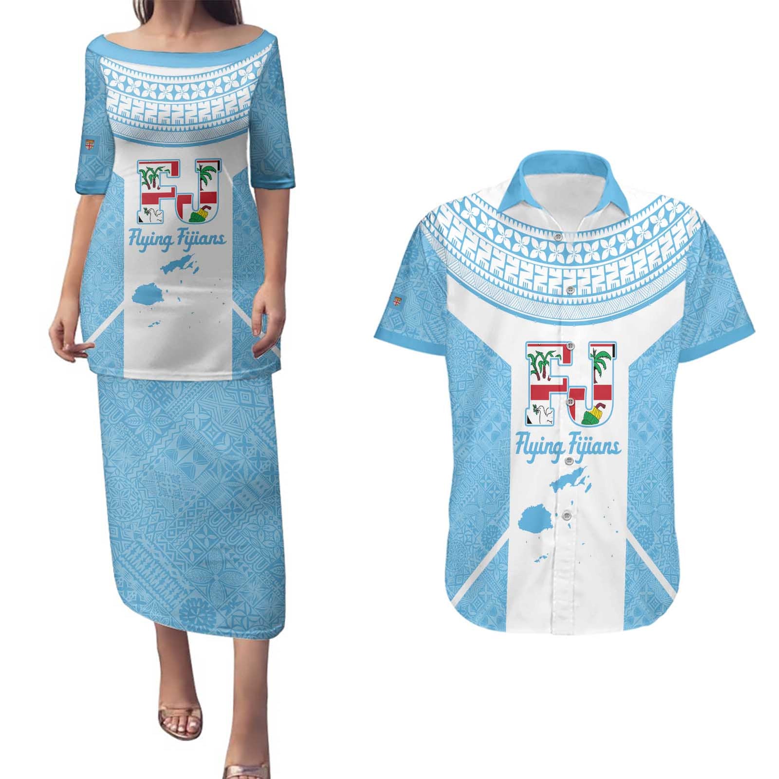 Custom Fiji Tapa Rugby Couples Matching Puletasi and Hawaiian Shirt Flying Fijian Blue And White Version