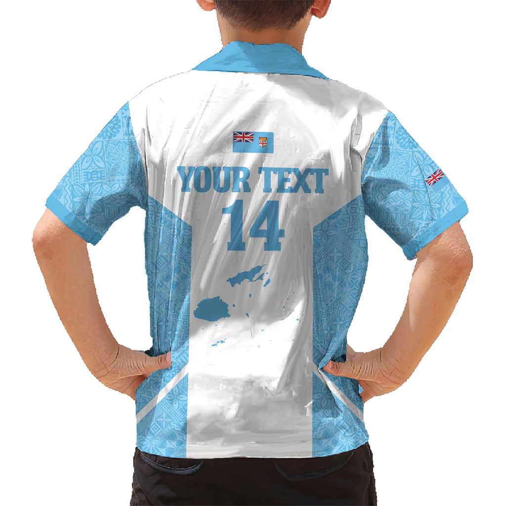 Custom Fiji Tapa Rugby Family Matching Long Sleeve Bodycon Dress and Hawaiian Shirt Flying Fijian Blue And White Version