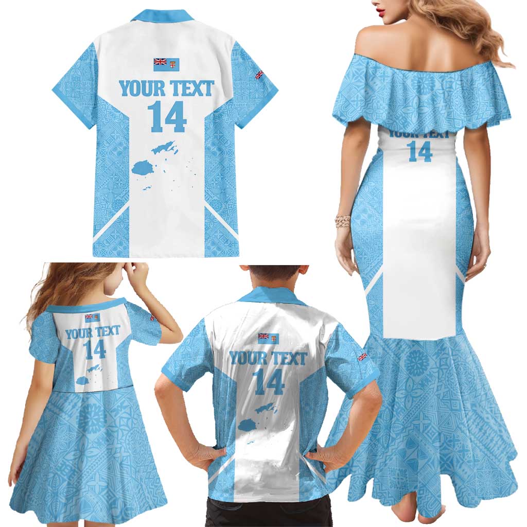 Custom Fiji Tapa Rugby Family Matching Mermaid Dress and Hawaiian Shirt Flying Fijian Blue And White Version LT14 - Polynesian Pride