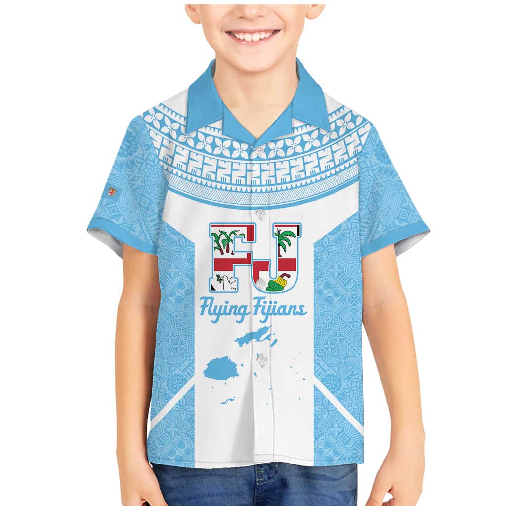 Custom Fiji Tapa Rugby Family Matching Mermaid Dress and Hawaiian Shirt Flying Fijian Blue And White Version LT14 Son's Shirt Blue - Polynesian Pride