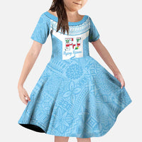 Custom Fiji Tapa Rugby Family Matching Off Shoulder Maxi Dress and Hawaiian Shirt Flying Fijian Blue And White Version LT14 Daughter's Dress Blue - Polynesian Pride