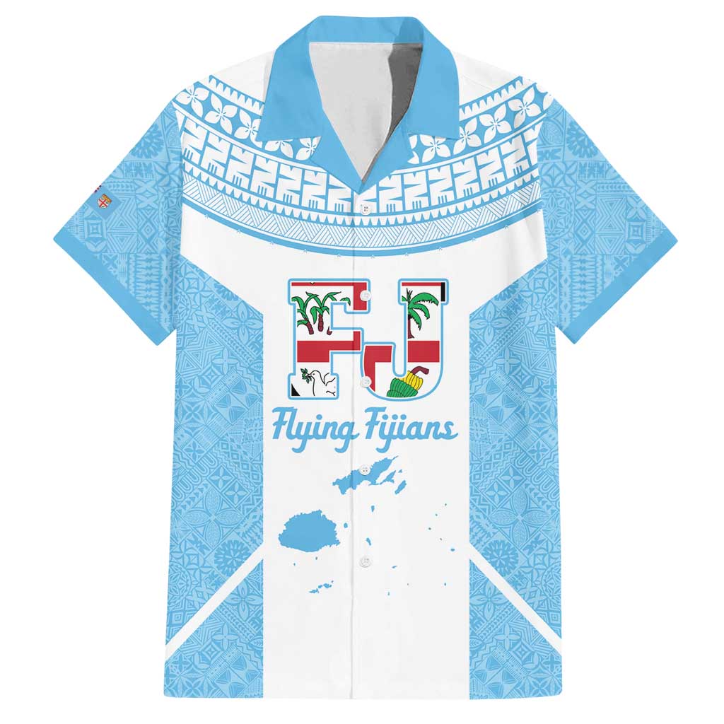 Custom Fiji Tapa Rugby Family Matching Off Shoulder Maxi Dress and Hawaiian Shirt Flying Fijian Blue And White Version LT14 Dad's Shirt - Short Sleeve Blue - Polynesian Pride