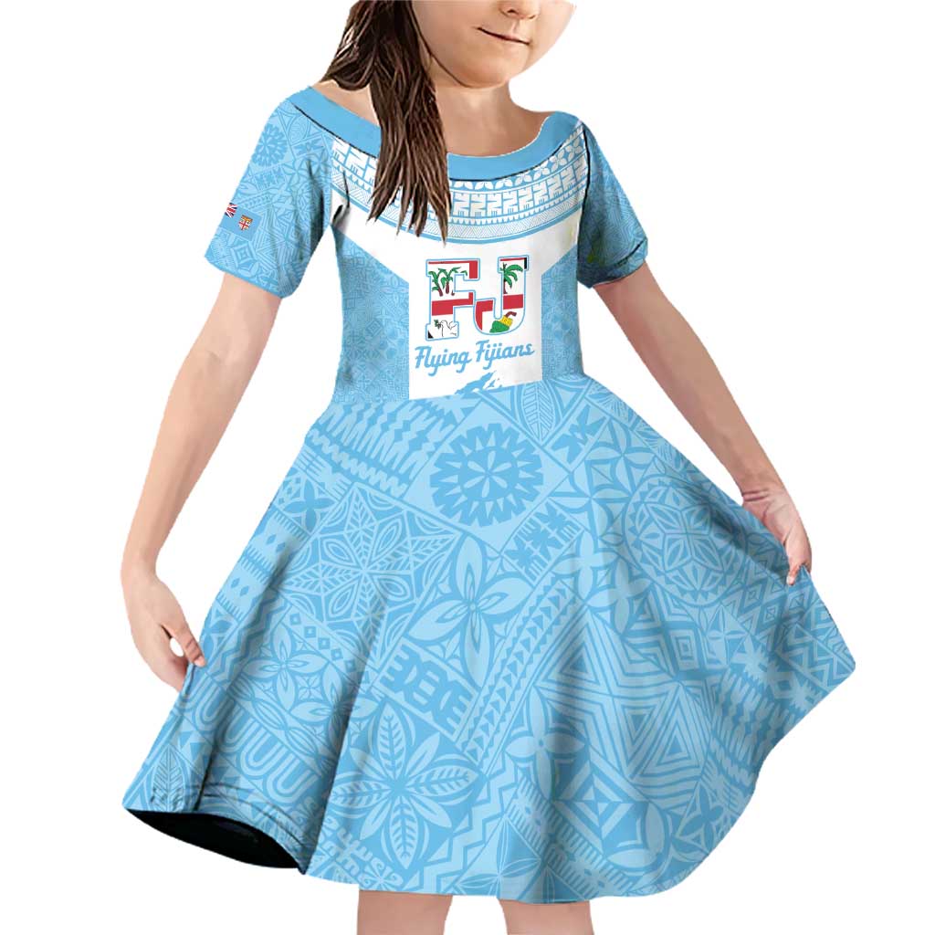 Custom Fiji Tapa Rugby Family Matching Off Shoulder Short Dress and Hawaiian Shirt Flying Fijian Blue And White Version LT14 Daughter's Dress Blue - Polynesian Pride