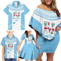 Custom Fiji Tapa Rugby Family Matching Off Shoulder Short Dress and Hawaiian Shirt Flying Fijian Blue And White Version LT14 - Polynesian Pride