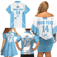 Custom Fiji Tapa Rugby Family Matching Off Shoulder Short Dress and Hawaiian Shirt Flying Fijian Blue And White Version LT14 - Polynesian Pride