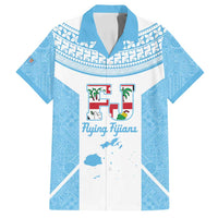Custom Fiji Tapa Rugby Family Matching Off Shoulder Short Dress and Hawaiian Shirt Flying Fijian Blue And White Version LT14 Dad's Shirt - Short Sleeve Blue - Polynesian Pride