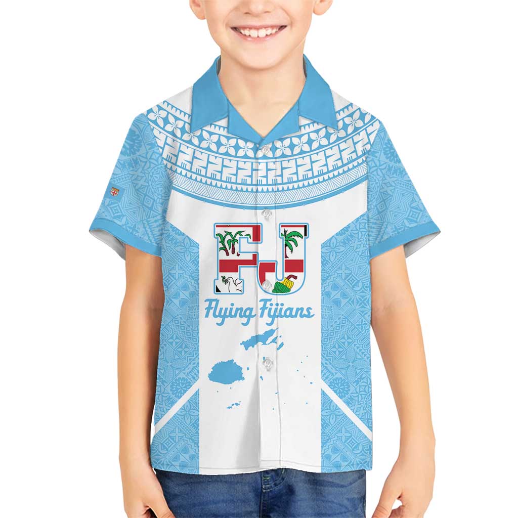 Custom Fiji Tapa Rugby Family Matching Off Shoulder Short Dress and Hawaiian Shirt Flying Fijian Blue And White Version LT14 Son's Shirt Blue - Polynesian Pride