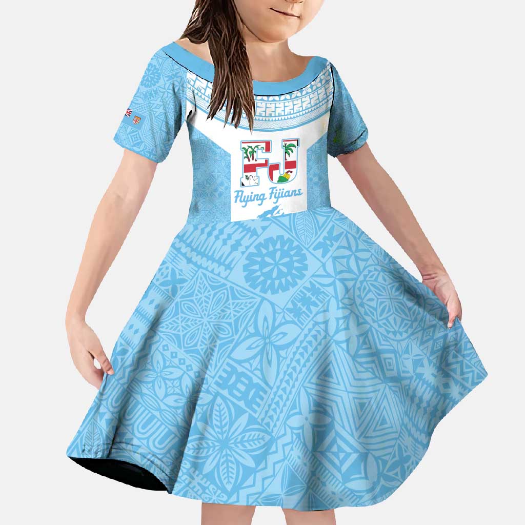 Custom Fiji Tapa Rugby Family Matching Summer Maxi Dress and Hawaiian Shirt Flying Fijian Blue And White Version LT14 Daughter's Dress Blue - Polynesian Pride
