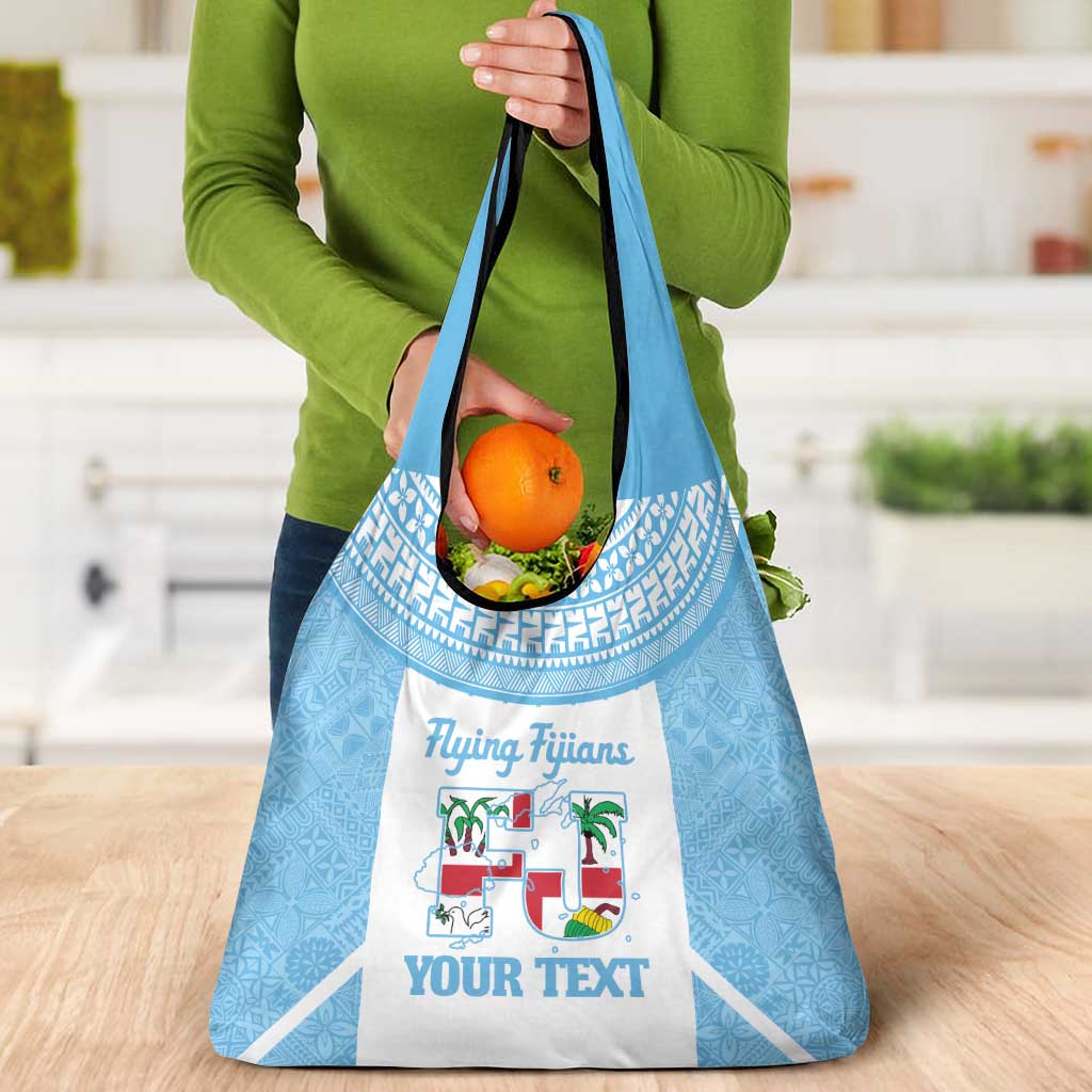 Custom Fiji Tapa Rugby Grocery Bag Flying Fijian Blue And White Version