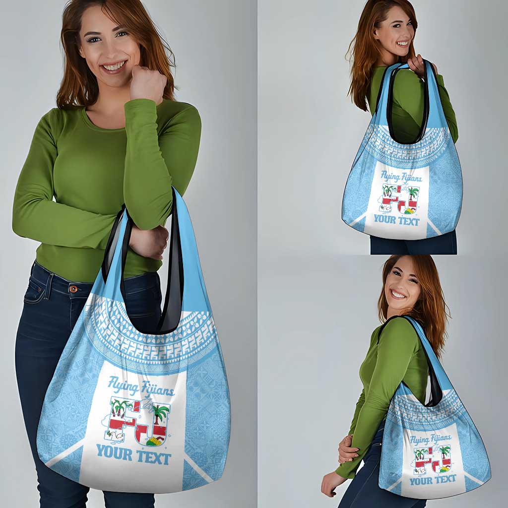 Custom Fiji Tapa Rugby Grocery Bag Flying Fijian Blue And White Version