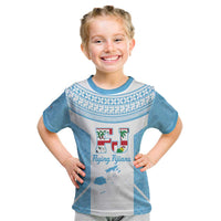 Custom Fiji Tapa Rugby Kid T Shirt Flying Fijian Blue And White Version
