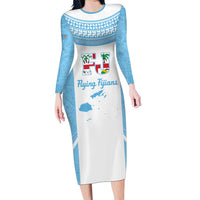 Custom Fiji Tapa Rugby Long Sleeve Bodycon Dress Flying Fijian Blue And White Version LT14 Long Dress Blue - Polynesian Pride