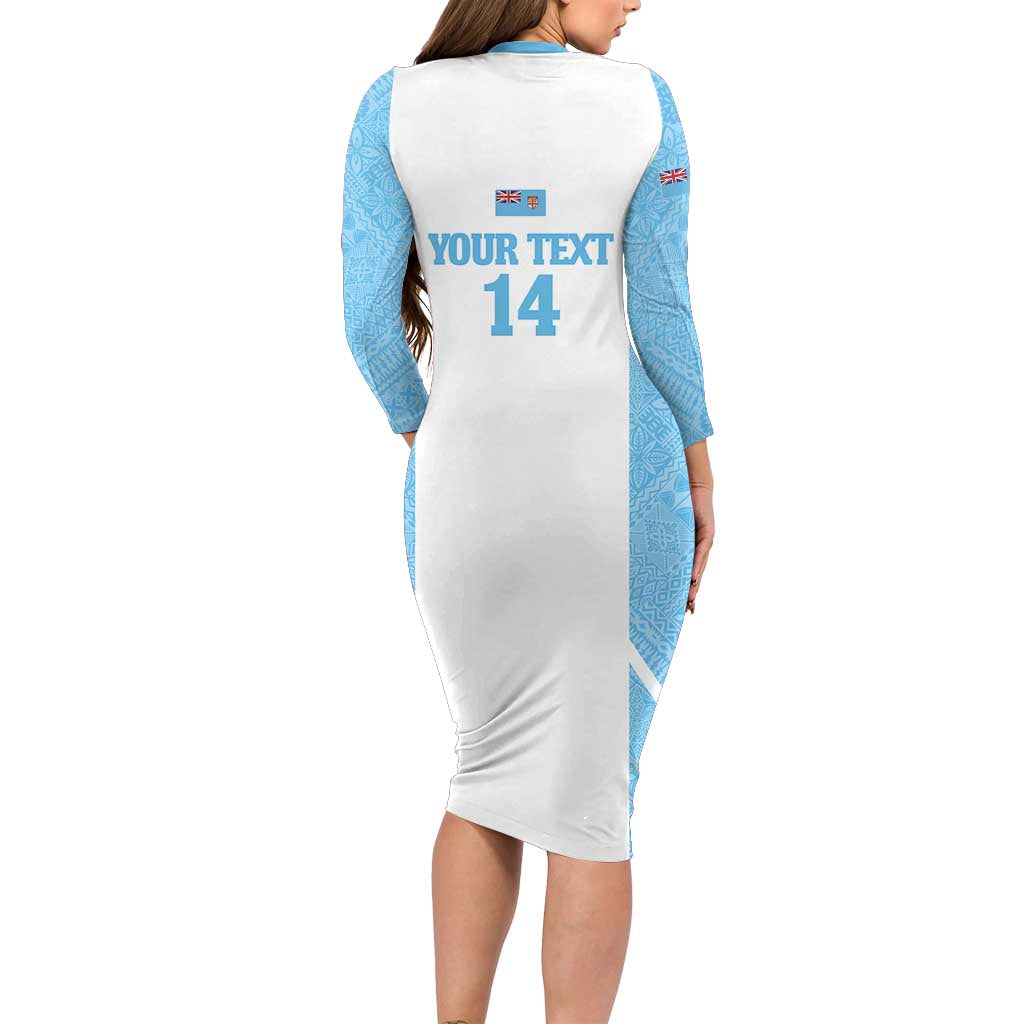 Custom Fiji Tapa Rugby Long Sleeve Bodycon Dress Flying Fijian Blue And White Version LT14 - Polynesian Pride