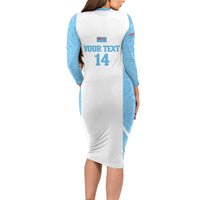Custom Fiji Tapa Rugby Long Sleeve Bodycon Dress Flying Fijian Blue And White Version LT14 - Polynesian Pride