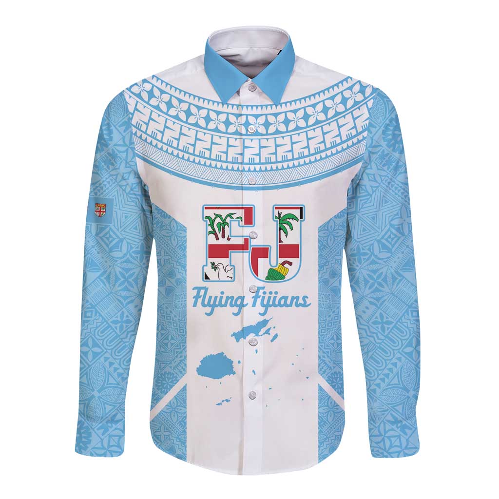 Custom Fiji Tapa Rugby Long Sleeve Button Shirt Flying Fijian Blue And White Version