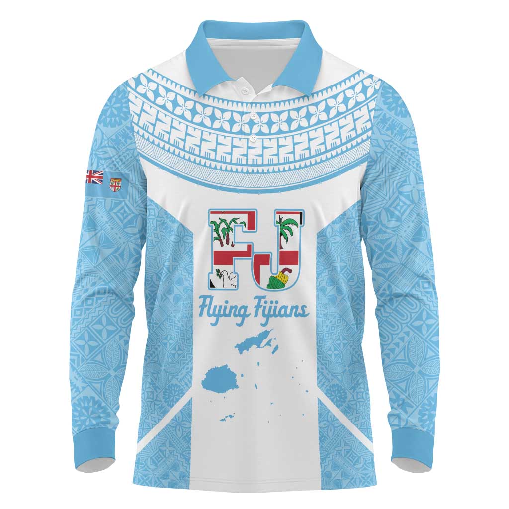 Custom Fiji Tapa Rugby Long Sleeve Polo Shirt Flying Fijian Blue And White Version LT14 Blue - Polynesian Pride