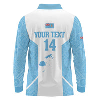 Custom Fiji Tapa Rugby Long Sleeve Polo Shirt Flying Fijian Blue And White Version LT14 - Polynesian Pride