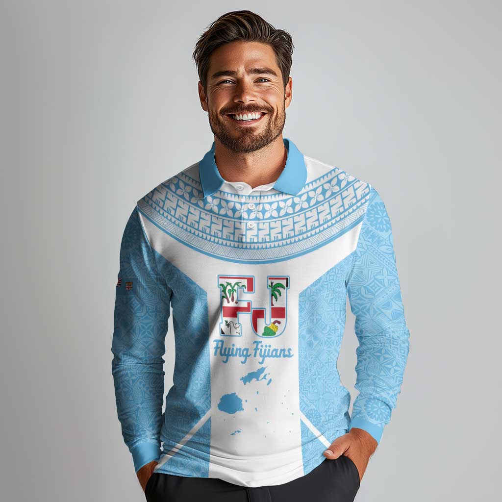 Custom Fiji Tapa Rugby Long Sleeve Polo Shirt Flying Fijian Blue And White Version LT14 - Polynesian Pride