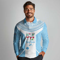 Custom Fiji Tapa Rugby Long Sleeve Polo Shirt Flying Fijian Blue And White Version LT14 - Polynesian Pride