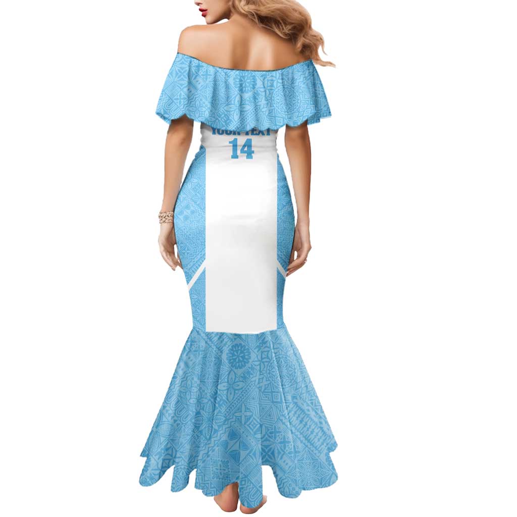 Custom Fiji Tapa Rugby Mermaid Dress Flying Fijian Blue And White Version