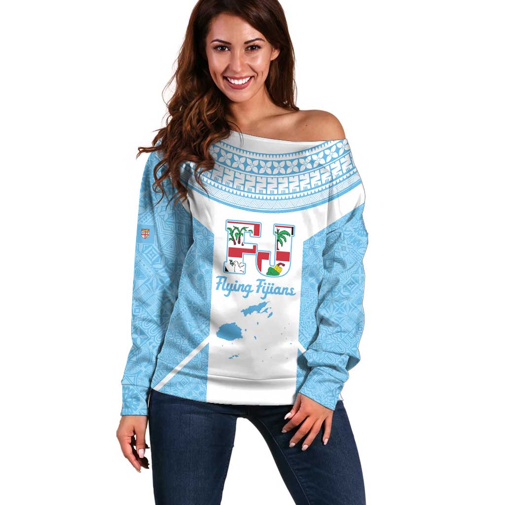 Custom Fiji Tapa Rugby Off Shoulder Sweater Flying Fijian Blue And White Version