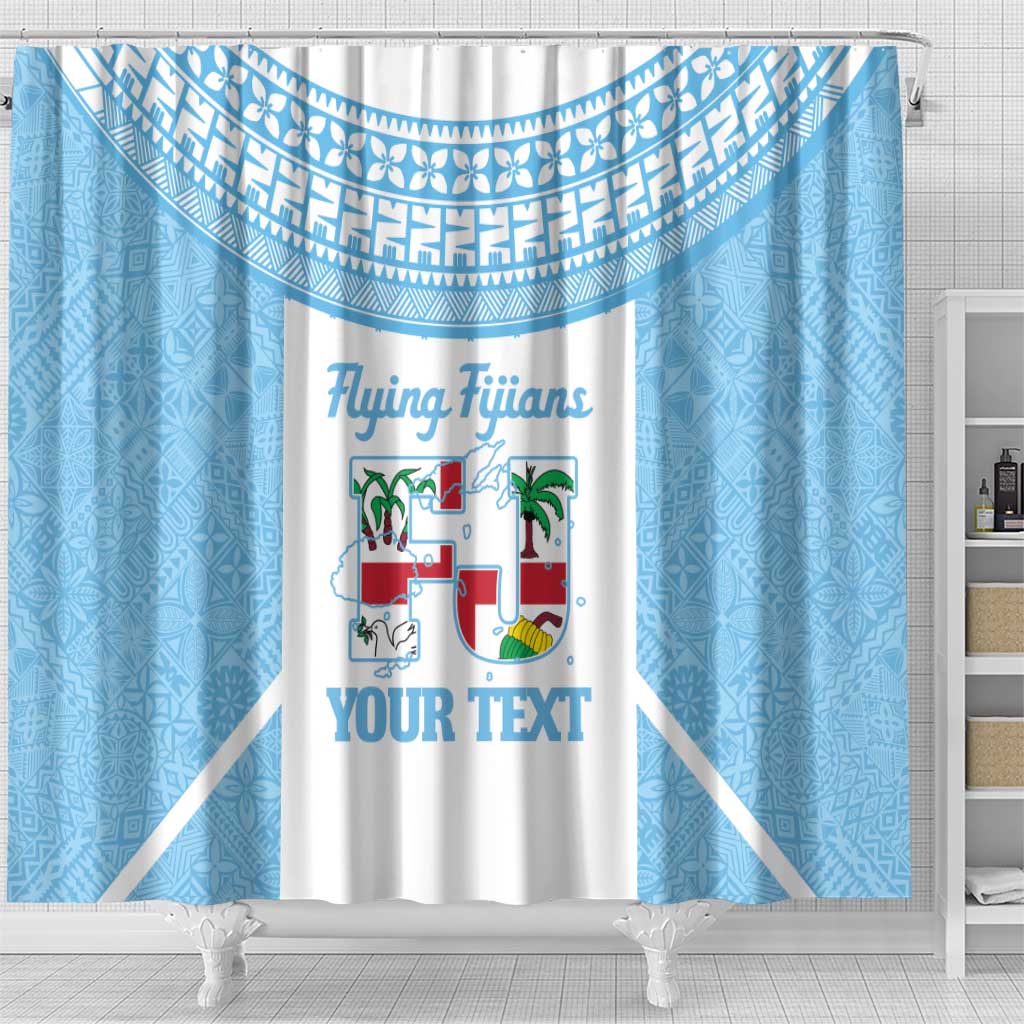 Custom Fiji Tapa Rugby Shower Curtain Flying Fijian Blue And White Version