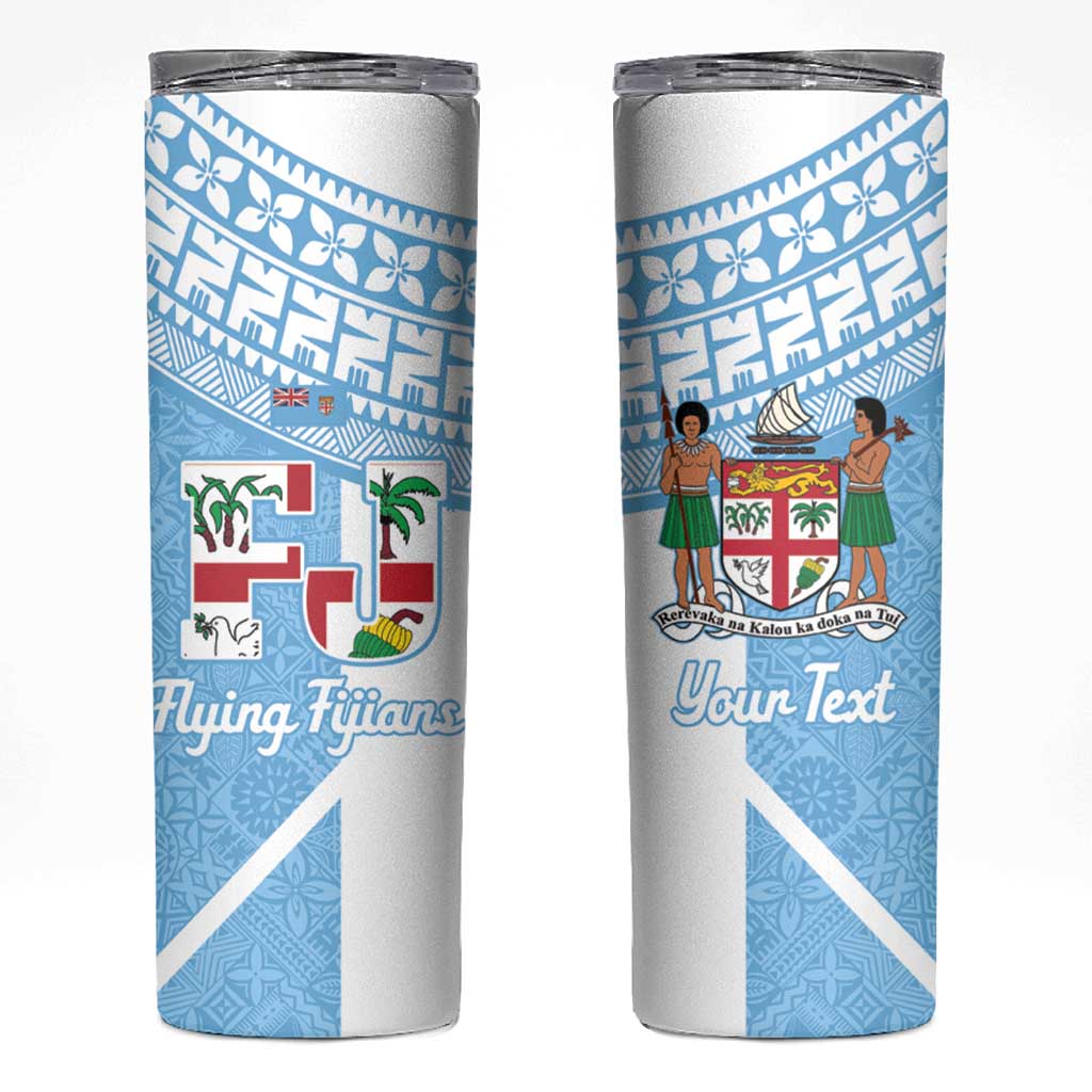 Custom Fiji Tapa Rugby Skinny Tumbler Flying Fijian Blue And White Version