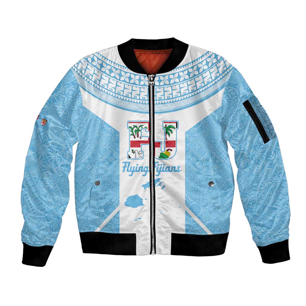 Custom Fiji Tapa Rugby Sleeve Zip Bomber Jacket Flying Fijian Blue And White Version