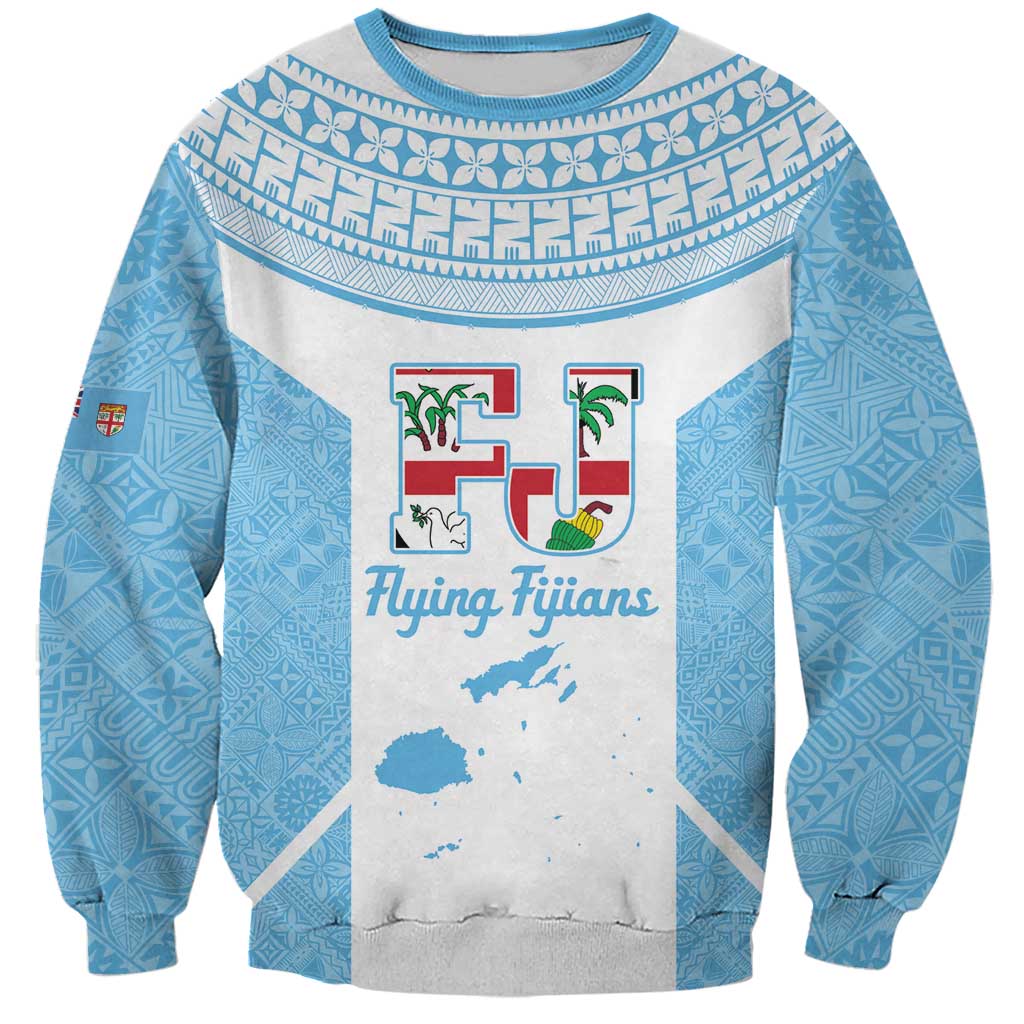 Custom Fiji Tapa Rugby Sweatshirt Flying Fijian Blue And White Version