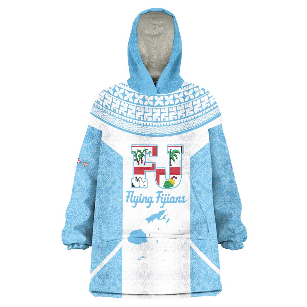 Custom Fiji Tapa Rugby Wearable Blanket Hoodie Flying Fijian Blue And White Version LT14 One Size Blue - Polynesian Pride