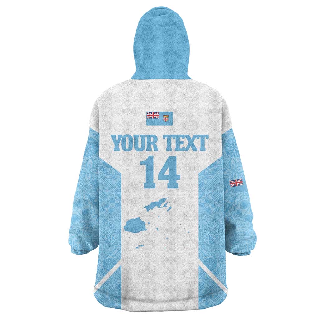 Custom Fiji Tapa Rugby Wearable Blanket Hoodie Flying Fijian Blue And White Version LT14 - Polynesian Pride