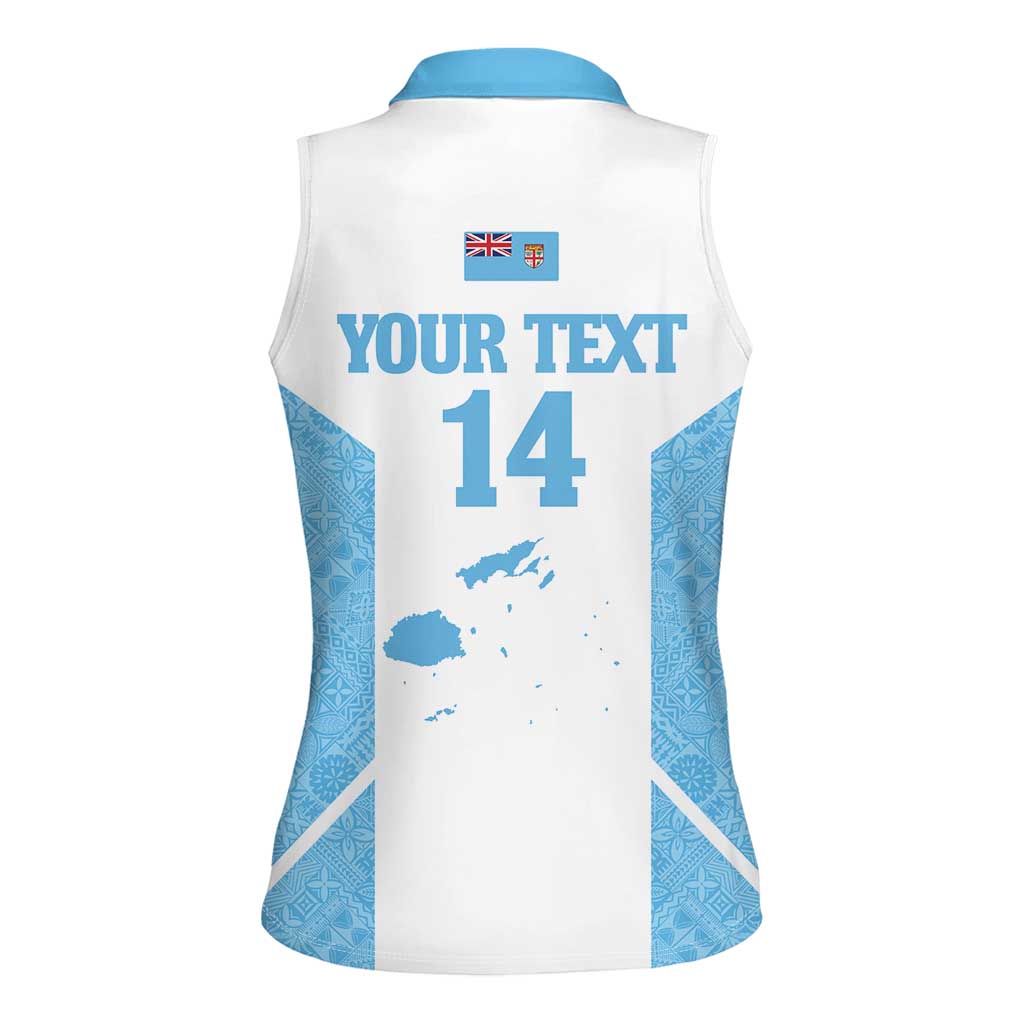 Custom Fiji Tapa Rugby Women Sleeveless Polo Shirt Flying Fijian Blue And White Version LT14 - Polynesian Pride