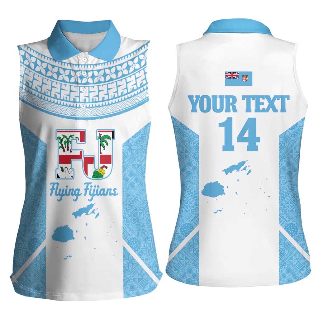 Custom Fiji Tapa Rugby Women Sleeveless Polo Shirt Flying Fijian Blue And White Version LT14 - Polynesian Pride