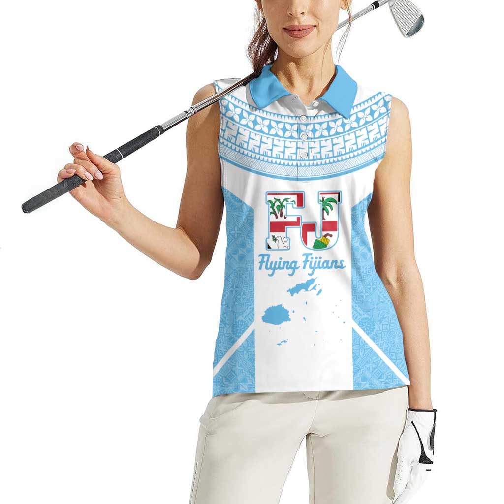 Custom Fiji Tapa Rugby Women Sleeveless Polo Shirt Flying Fijian Blue And White Version LT14 - Polynesian Pride