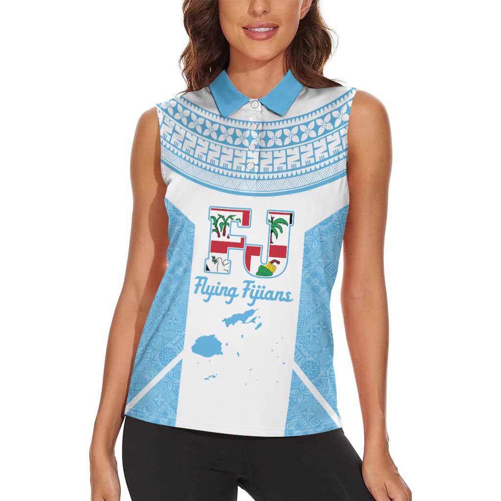Custom Fiji Tapa Rugby Women Sleeveless Polo Shirt Flying Fijian Blue And White Version LT14 - Polynesian Pride