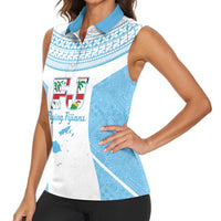 Custom Fiji Tapa Rugby Women Sleeveless Polo Shirt Flying Fijian Blue And White Version LT14 - Polynesian Pride