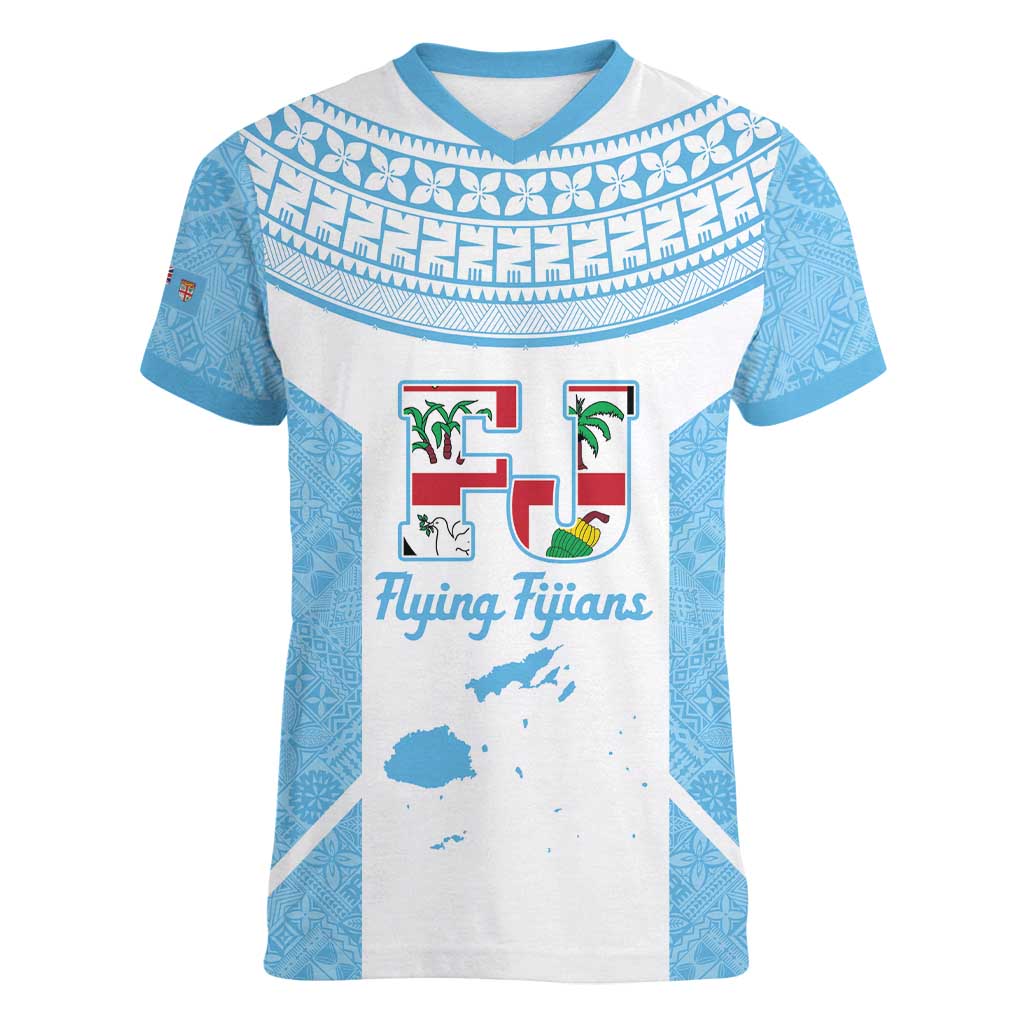 Custom Fiji Tapa Rugby Women V-Neck T-Shirt Flying Fijian Blue And White Version LT14 Female Blue - Polynesian Pride