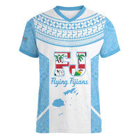 Custom Fiji Tapa Rugby Women V-Neck T-Shirt Flying Fijian Blue And White Version LT14 Female Blue - Polynesian Pride