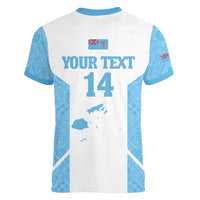 Custom Fiji Tapa Rugby Women V-Neck T-Shirt Flying Fijian Blue And White Version LT14 - Polynesian Pride