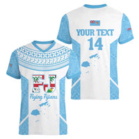 Custom Fiji Tapa Rugby Women V-Neck T-Shirt Flying Fijian Blue And White Version LT14 - Polynesian Pride