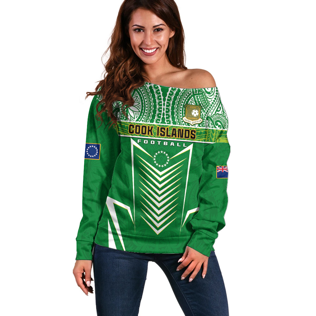 Cook Islands Football Off Shoulder Sweater Go Kuki Airani Polynesian Sporty Style LT14 Women Green - Polynesian Pride