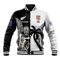 Custom Fiji And New Zealand Rugby Baseball Jacket Aotearoa Silver Fern Mix Fijian Tapa Pattern LT14 Unisex Black - Polynesian Pride